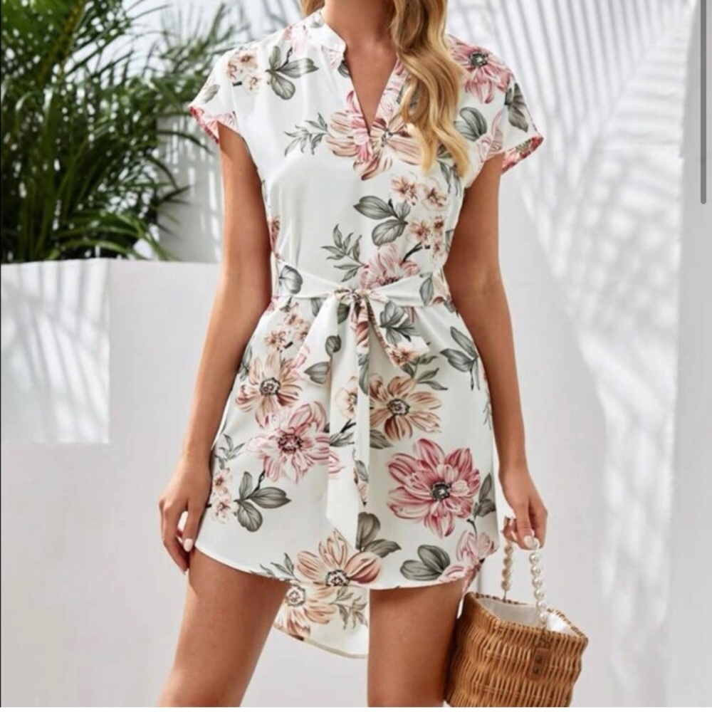 Boho floral print high low belted mini dress